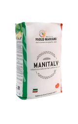 Manitalv flour 25kg package with Paolo Mariani branding on a black background