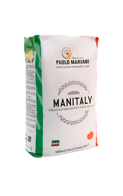 Manitalv flour 25kg package with Paolo Mariani branding on a black background