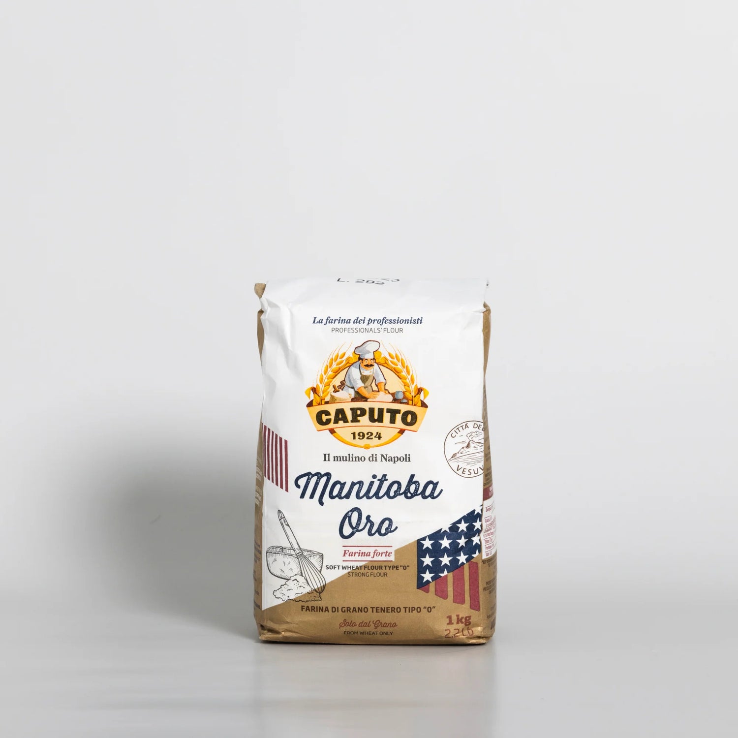 Bag of Caputo Manitoba Oro flour on a white background