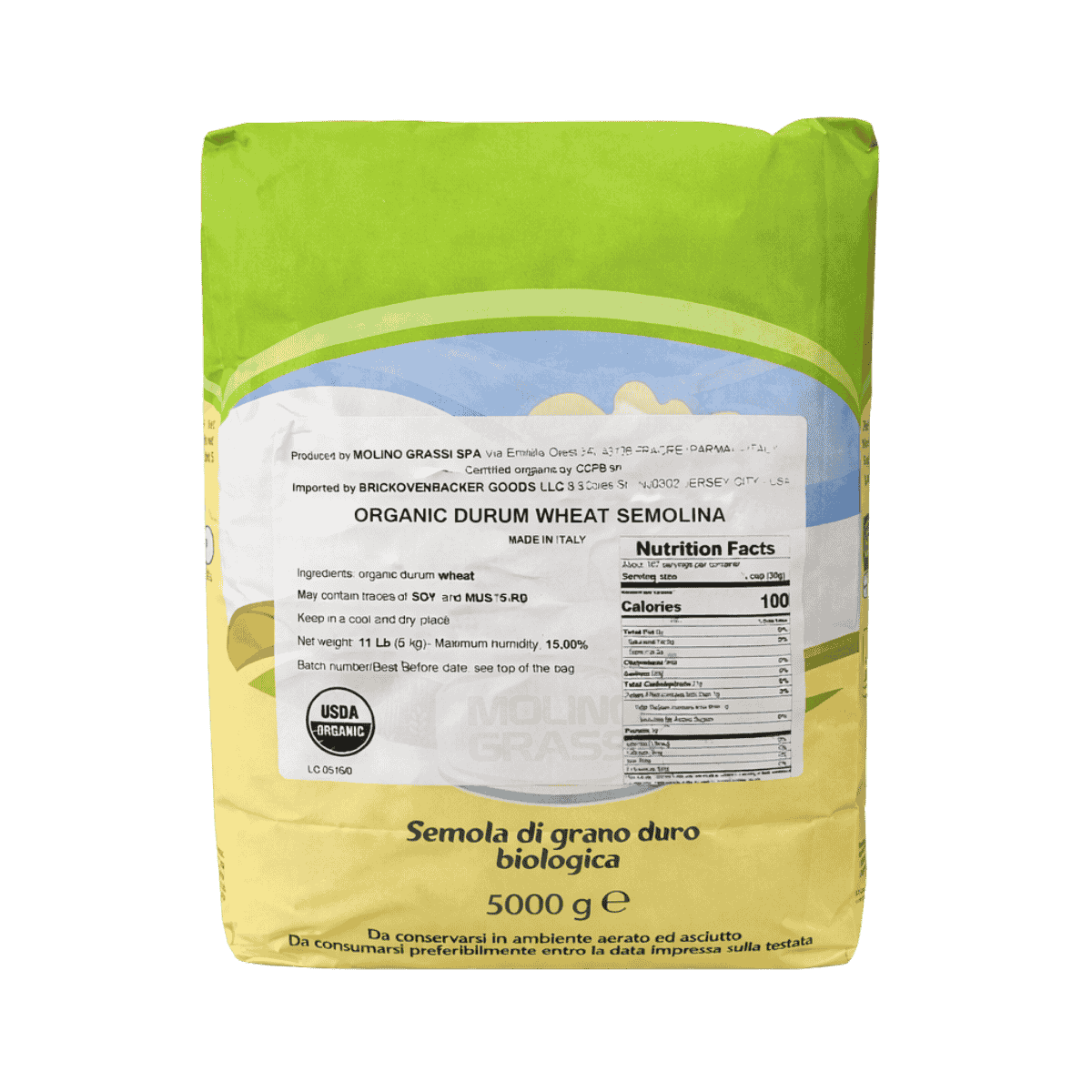 Molino Grassi Organic Durum Wheat Semolina – Italian Semolina for Pasta, Bread & Pizza (11lbs/5kg)