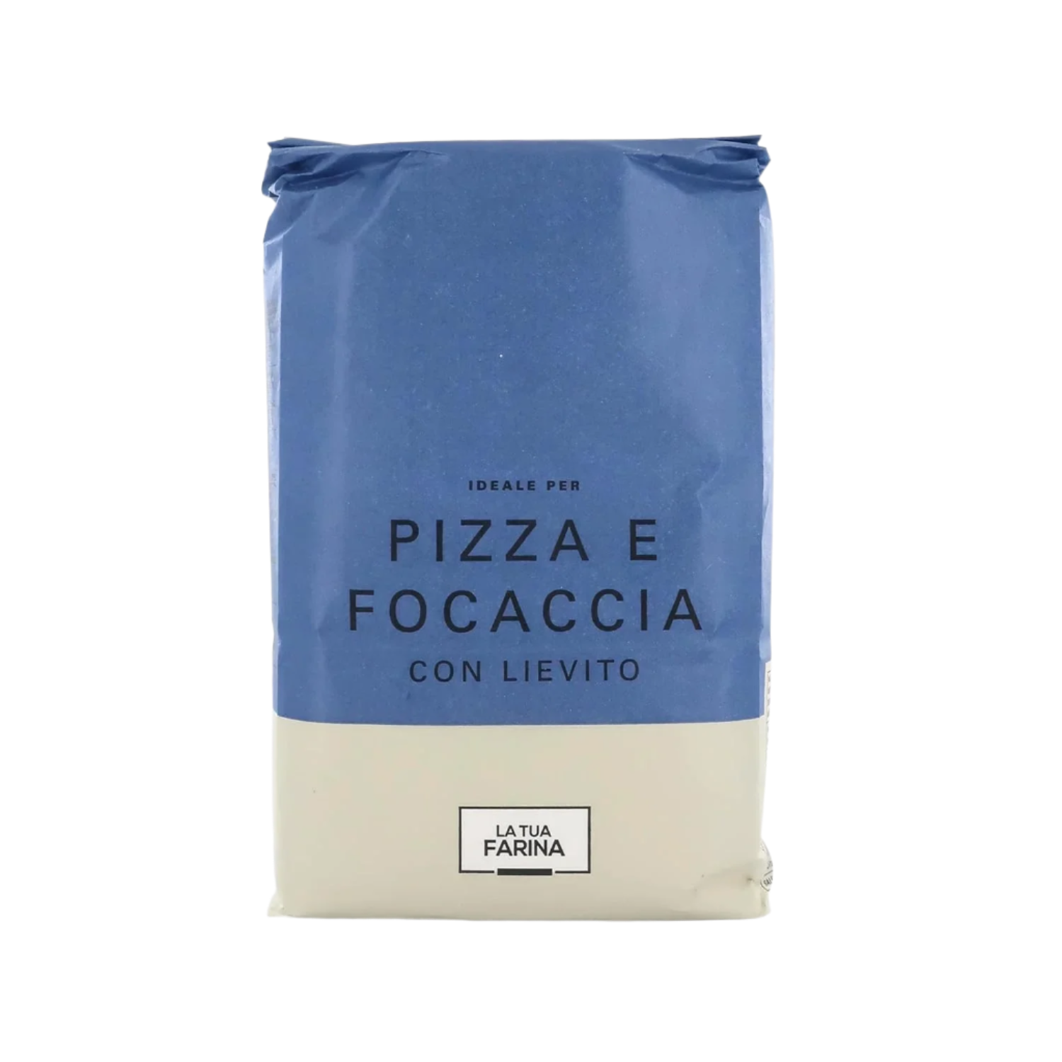Blue and beige package of flour for pizza and focaccia on a white background