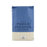 Blue and beige package of flour for pizza and focaccia on a white background