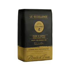 Black and gold Colombo flour bag on a white background
