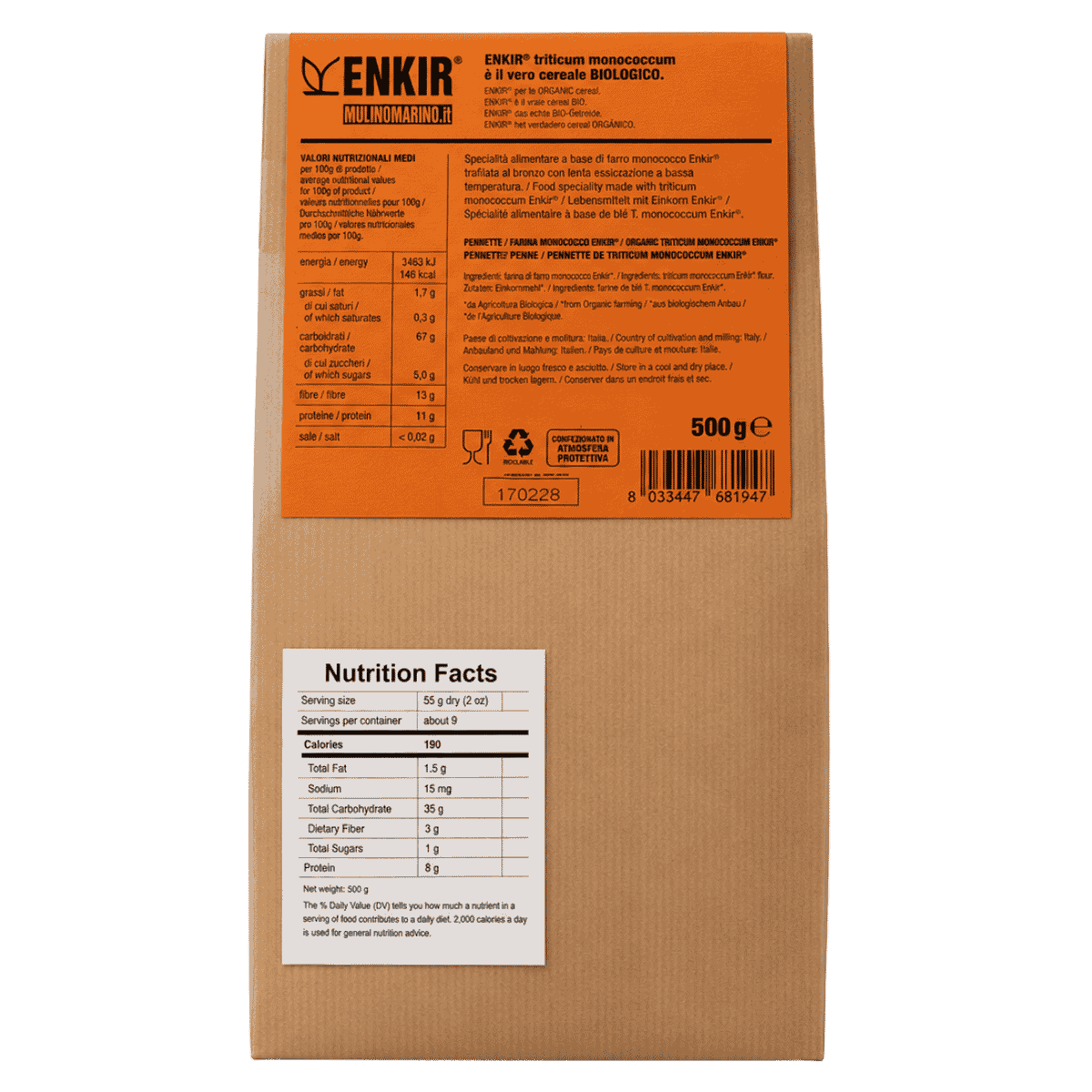 Mulino Marino Organic Enkir Pennette Pasta 500g