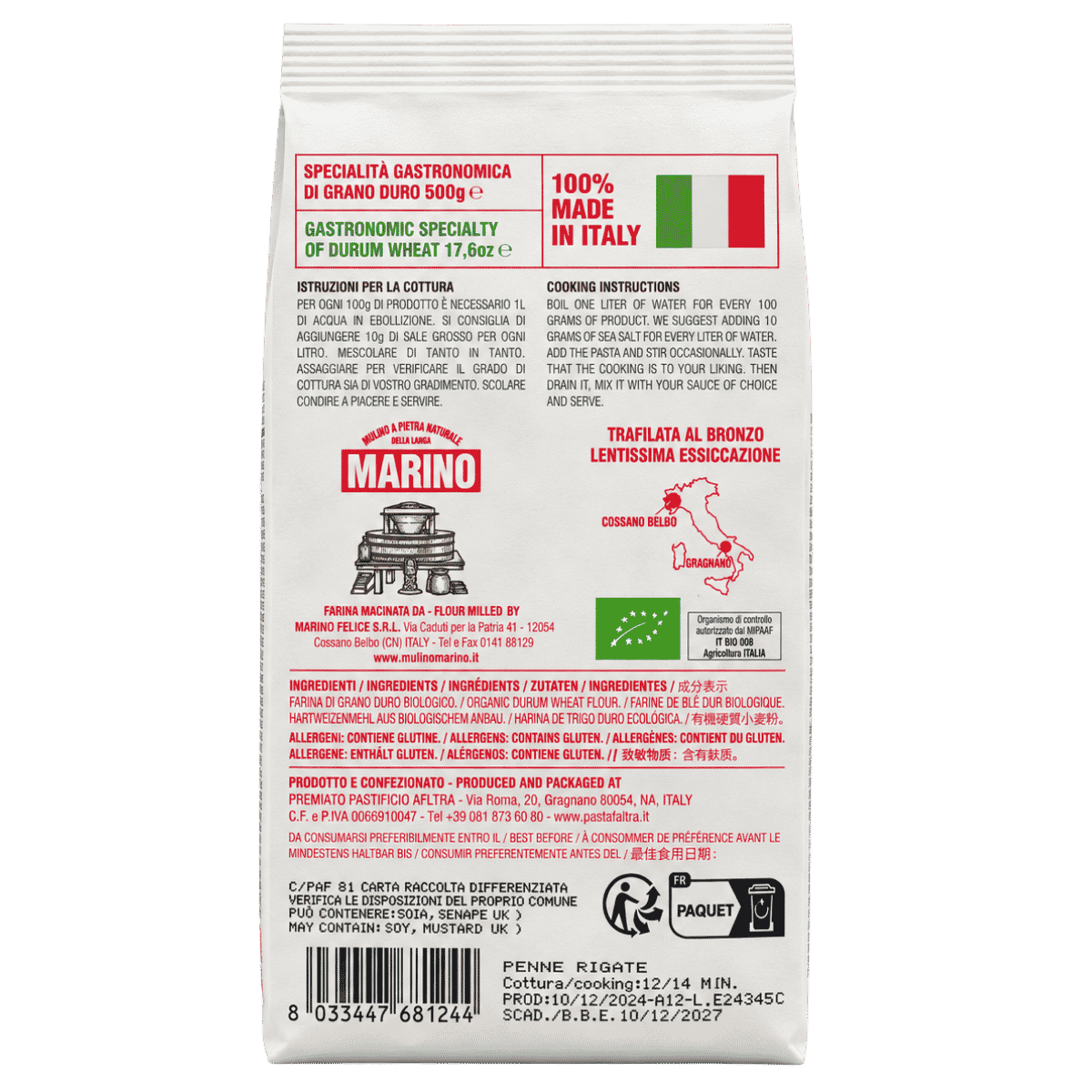 Mulino Marino Organic Penne Rigate Durum Pasta 500g