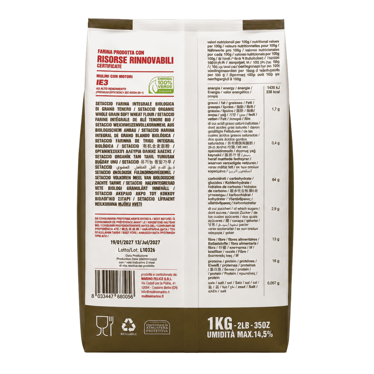 Mulino Marino Setaccio Organic Semi-Whole Wheat Flour (1kg/2.2lbs)