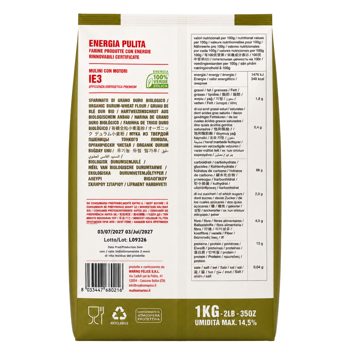 Mulino Marino Organic Sfarinato di Grano Duro (1kg/2.2lbs)