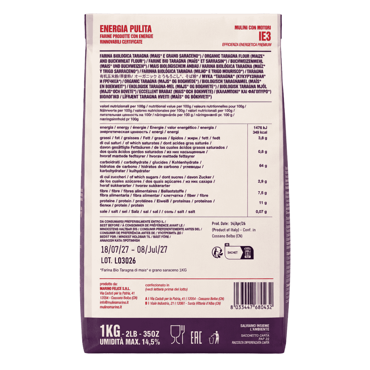 Mulino Marino Taragna Organic Corn & Buckwheat Polenta Flour (1kg/2.2lbs)
