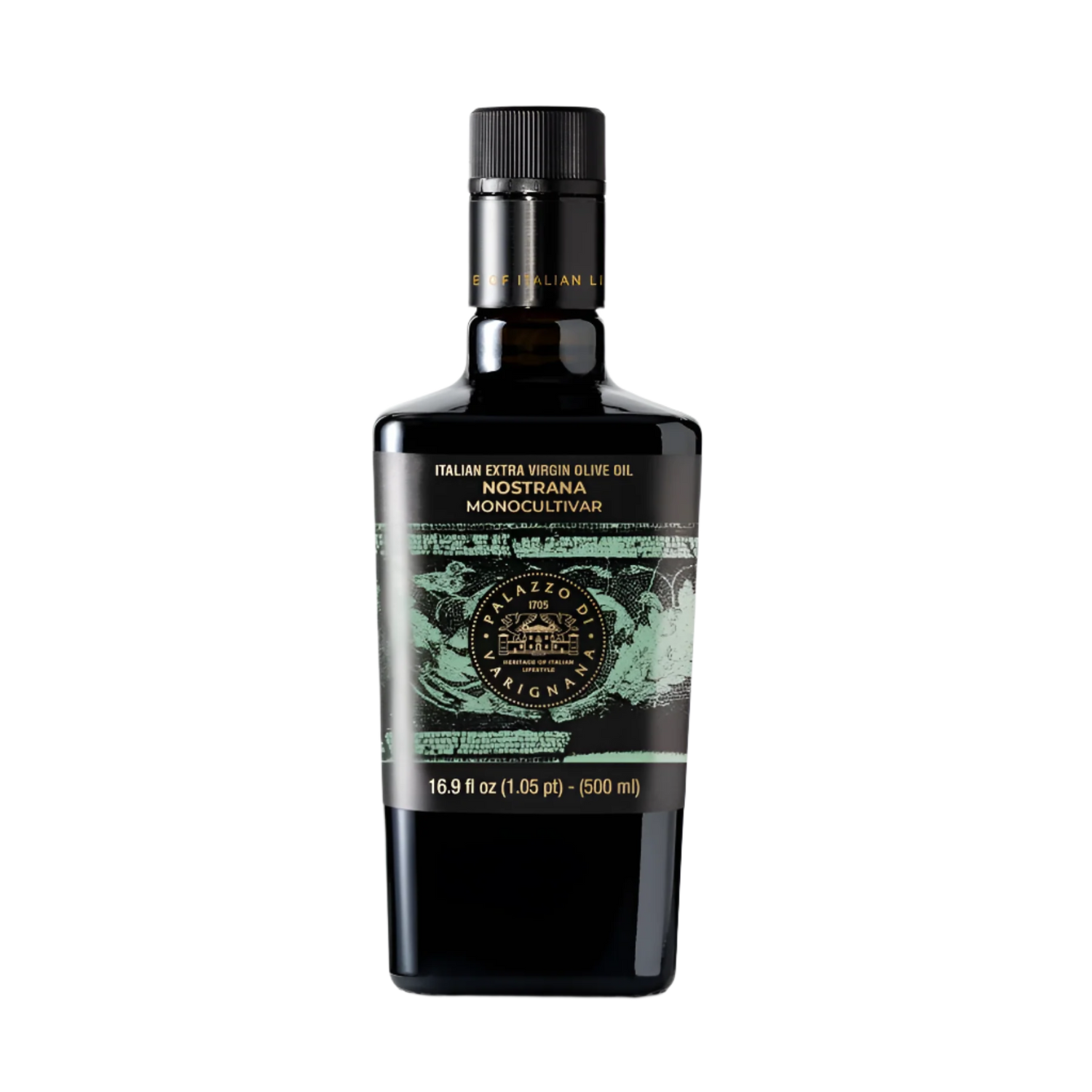 Bottle of Italian extra virgin olive oil on a white background