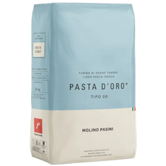 Pasta d'Oro packaging with blue and beige design on a black background