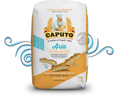 Bag of Caputo flour with branding and product details on a white background