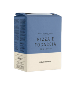 Blue and white packaging of Molino Pasini pizza and focaccia flour on a black background