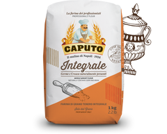 Bag of Caputo integrale flour with branding and product details on a white background