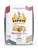 Bag of Caputo Manitoba Oro flour with branding and product details on a white background
