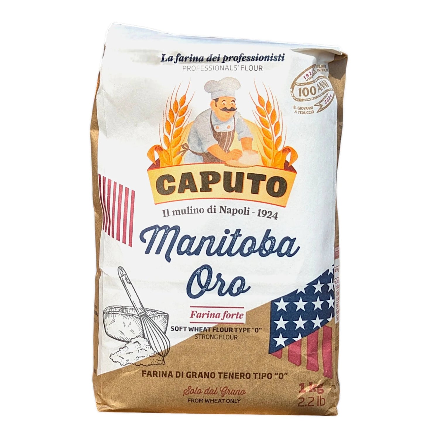 Bag of Caputo Manitoba Oro flour with branding and product details on a white background