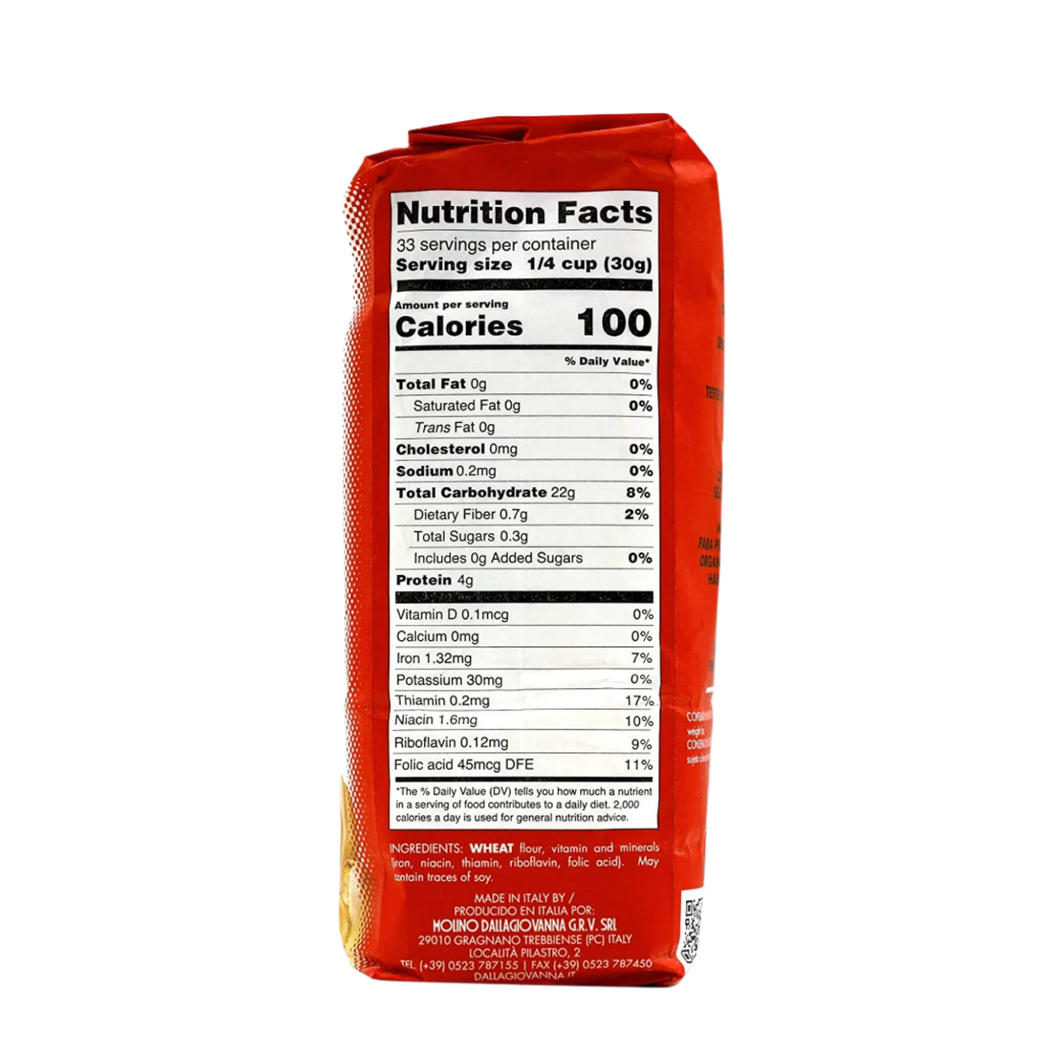 Nutrition facts label on a red package with white background